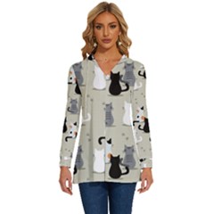 Cute Cat Seamless Pattern Long Sleeve Drawstring Hooded Top by Simbadda