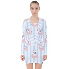 French-bulldog-dog-seamless-pattern V-neck Bodycon Long Sleeve Dress by Simbadda