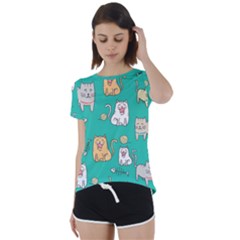 Seamless-pattern-cute-cat-cartoon-with-hand-drawn-style Short Sleeve Open Back Tee by Simbadda