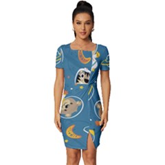 Seamless-pattern-funny-astronaut-outer-space-transportation Fitted Knot Split End Bodycon Dress by Simbadda