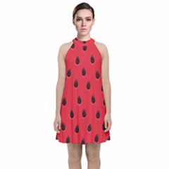 Seamless-watermelon-surface-texture Velvet Halter Neckline Dress  by Simbadda