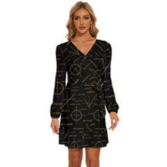 Abstract-math Pattern Long Sleeve Waist Tie Ruffle Velvet Dress by Simbadda