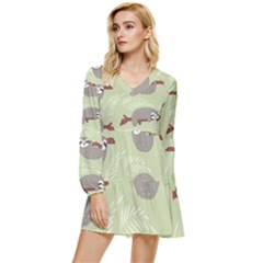 Sloths-pattern-design Tiered Long Sleeve Mini Dress by Simbadda