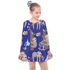 Hand-drawn-cute-sloth-pattern-background Kids  Long Sleeve Dress by Simbadda