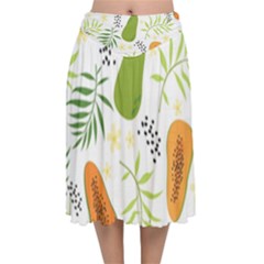 Seamless-tropical-pattern-with-papaya Velvet Flared Midi Skirt by Simbadda