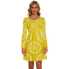 Lemon-fruits-slice-seamless-pattern Long Sleeve Wide Neck Velvet Dress by Simbadda