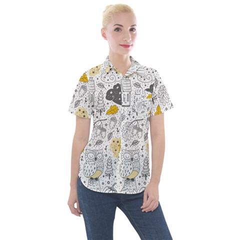 Doodle-seamless-pattern-with-autumn-elements Women s Short Sleeve Pocket Shirt by Simbadda