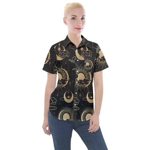 Asian-seamless-pattern-with-clouds-moon-sun-stars-vector-collection-oriental-chinese-japanese-korean Women s Short Sleeve Pocket Shirt by Simbadda