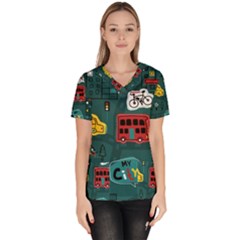 Seamless-pattern-hand-drawn-with-vehicles-buildings-road Women s V-neck Scrub Top by Simbadda