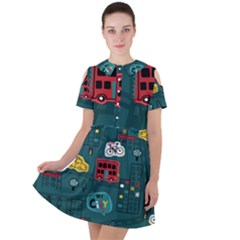 Seamless-pattern-hand-drawn-with-vehicles-buildings-road Short Sleeve Shoulder Cut Out Dress  by Simbadda