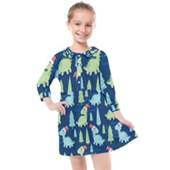 Cute-dinosaurs-animal-seamless-pattern-doodle-dino-winter-theme Kids  Quarter Sleeve Shirt Dress by Simbadda