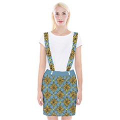 Gold Abstract Flowers Pattern At Blue Background Braces Suspender Skirt by Casemiro