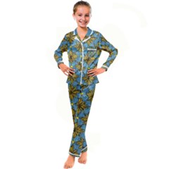 Gold Abstract Flowers Pattern At Blue Background Kids  Satin Long Sleeve Pajamas Set by Casemiro