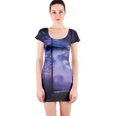 Moonlit A Forest At Night With A Full Moon Short Sleeve Bodycon Dress by Proyonanggan