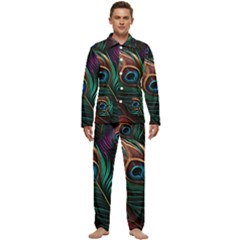 Peacock Feathers Nature Feather Pattern Men s Long Sleeve Velvet Pocket Pajamas Set by pakminggu