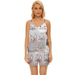 Cute Cats Seamless Pattern V-neck Satin Pajamas Set by Bangk1t