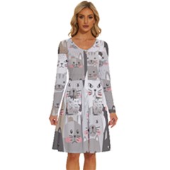 Cute Cats Seamless Pattern Long Sleeve Dress With Pocket by Bangk1t