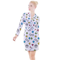 Dog Paw Seamless Pattern Footprint Bone Button Long Sleeve Dress by Bangk1t