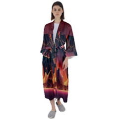 Fire Flame Burn Hot Heat Light Burning Orange Maxi Satin Kimono by pakminggu