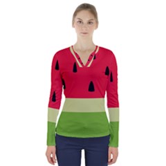 Watermelon Fruit Food Healthy Vitamins Nutrition V-neck Long Sleeve Top by pakminggu