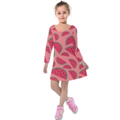 Watermelon Red Food Fruit Healthy Summer Fresh Kids  Long Sleeve Velvet Dress by pakminggu