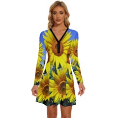 Sunflower Gift Long Sleeve Deep V Mini Dress  by artworkshop