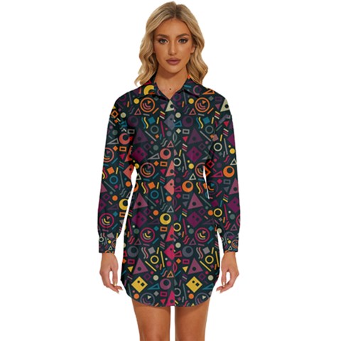 Doodle Pattern Womens Long Sleeve Shirt Dress by Grandong