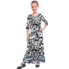 New York City Nyc Broadway Doodle Art Kids  Quarter Sleeve Maxi Dress by Grandong