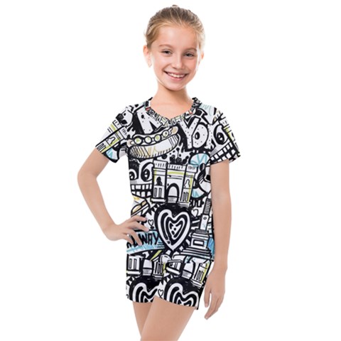 New York City Nyc Broadway Doodle Art Kids  Mesh Tee And Shorts Set by Grandong