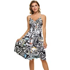 New York City Nyc Broadway Doodle Art Sleeveless Tie Front Chiffon Dress by Grandong