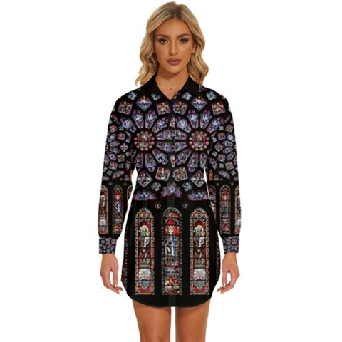 Chartres Cathedral Notre Dame De Paris Stained Glass Womens Long Sleeve Shirt Dress by Grandong