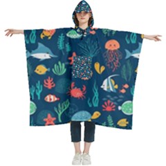 Variety Of Fish Illustration Turtle Jellyfish Art Texture Women s Hooded Rain Ponchos by Grandong