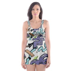 Purple Orange Green Blue Cartoon Skater Dress Swimsuit by Grandong