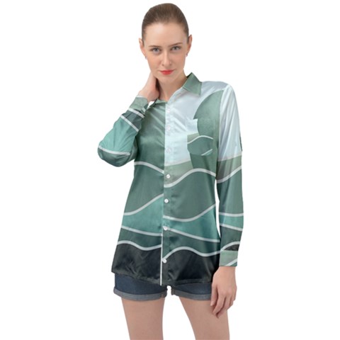 Mountains Wall Print Boho Art Long Sleeve Satin Shirt by pakminggu