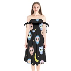 Cute-owl-doodles-with-moon-star-seamless-pattern Shoulder Tie Bardot Midi Dress by pakminggu