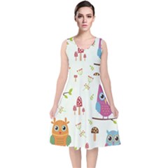 Forest-seamless-pattern-with-cute-owls V-neck Midi Sleeveless Dress  by pakminggu