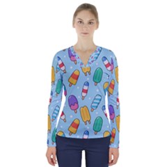 Cute-kawaii-ice-cream-seamless-pattern V-neck Long Sleeve Top by pakminggu