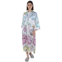 Cute-doodle-cartoon-seamless-pattern Maxi Satin Kimono by pakminggu