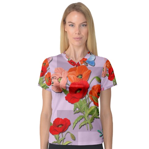 Seamless Pattern With Roses And Butterflies V-neck Sport Mesh T-shirt by shoopshirt