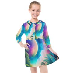 Jungle Moon Light Plants Space Kids  Quarter Sleeve Shirt Dress by uniart180623