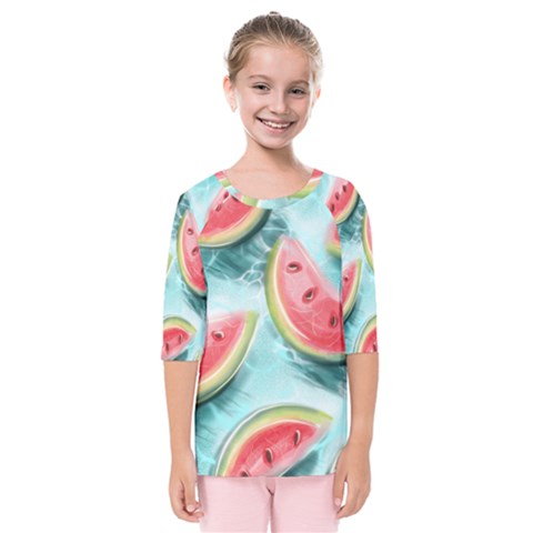 Watermelon Fruit Juicy Summer Heat Kids  Quarter Sleeve Raglan T-shirt by uniart180623