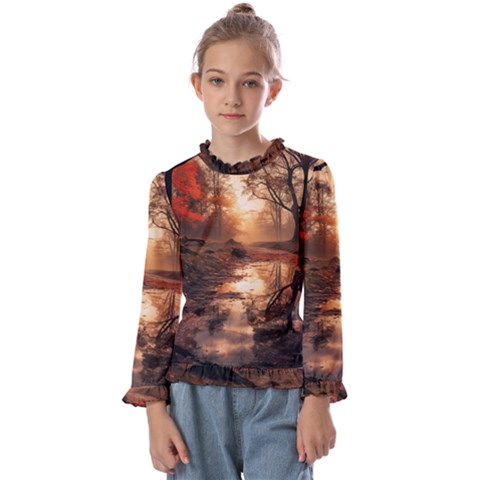 Trees Sunset Mist Kids  Frill Detail T-shirt by pakminggu