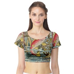 Fish Underwater Cubism Mosaic Short Sleeve Crop Top by Bedest