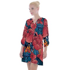 Flower Classic Japanese Art Open Neck Shift Dress by Cowasu