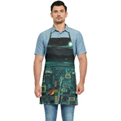 Night Black City Neon Sky Stars Moon Abstract Kitchen Apron by Cowasu