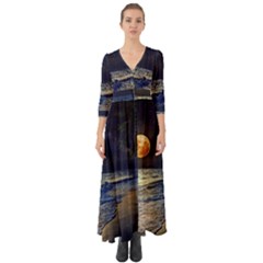 Beautiful Moon Nigh Sky Stars Button Up Boho Maxi Dress by Cowasu