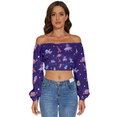 Space Seamless Pattern Long Sleeve Crinkled Weave Crop Top by pakminggu