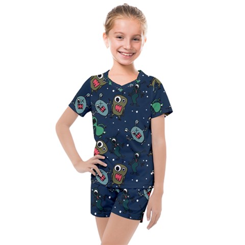 Monster Alien Pattern Seamless Background Kids  Mesh T-shirt And Shorts Set by pakminggu