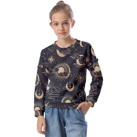 Asian Seamless Pattern With Clouds Moon Sun Stars Vector Collection Oriental Chinese Japanese Korean Kids  Long Sleeve T-shirt With Frill  by pakminggu