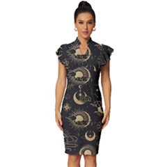 Asian Seamless Pattern With Clouds Moon Sun Stars Vector Collection Oriental Chinese Japanese Korean Vintage Frill Sleeve V-neck Bodycon Dress by pakminggu